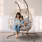 2-Person Indoor Outdoor Egg Hanging Chair with Stand, Patio Wicker Swing Egg Chair with Cushions & Neck Pillows